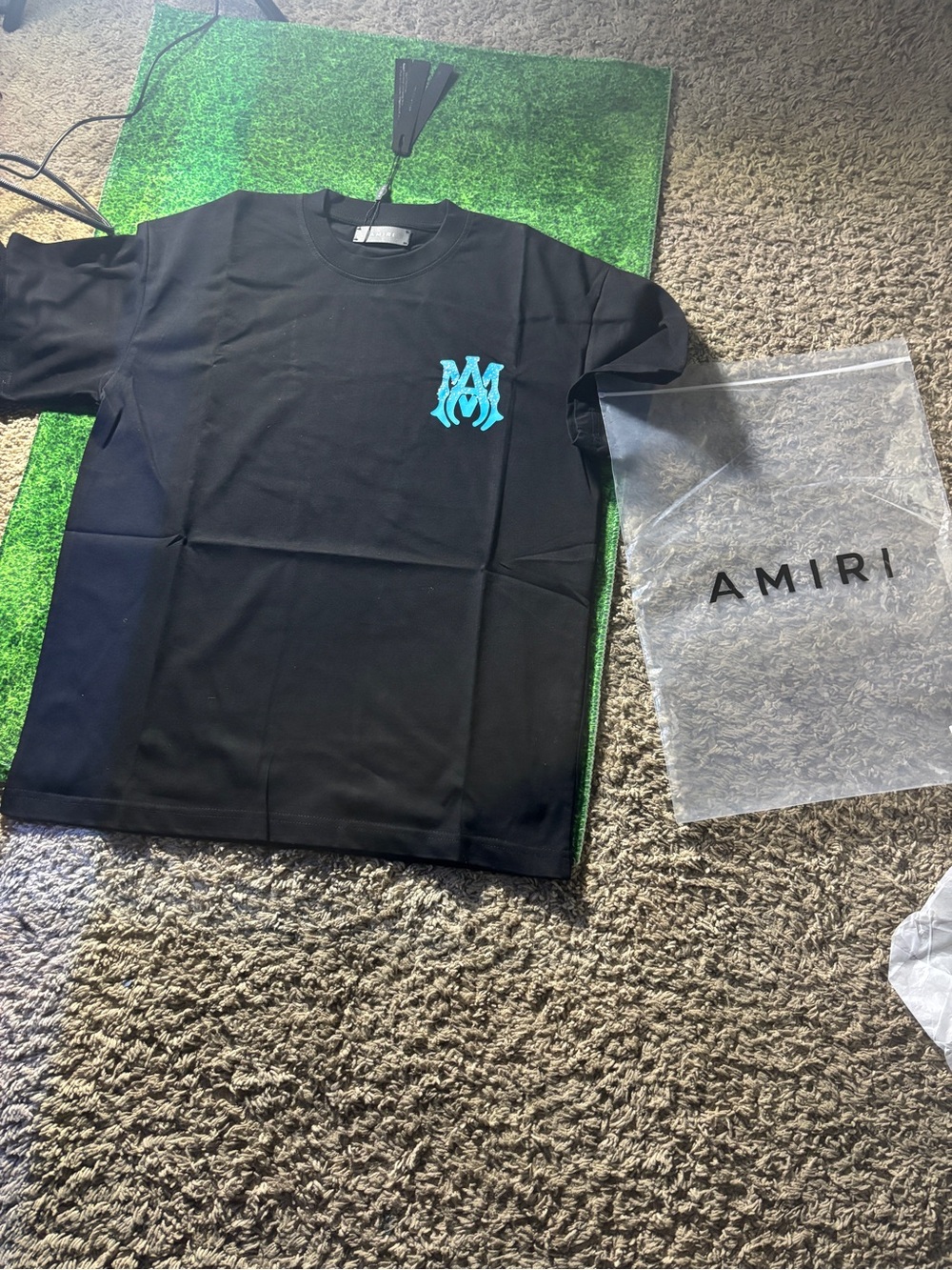 AMIRI Black Kids Short Sleeve Tee with Turquoise Logo